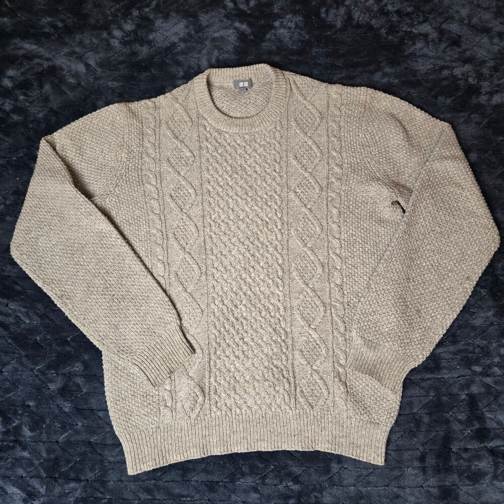 Uniqlo CableKnit Sweater Mens Large Taupe Chunky Wool Blend Crewneck Textured 3D